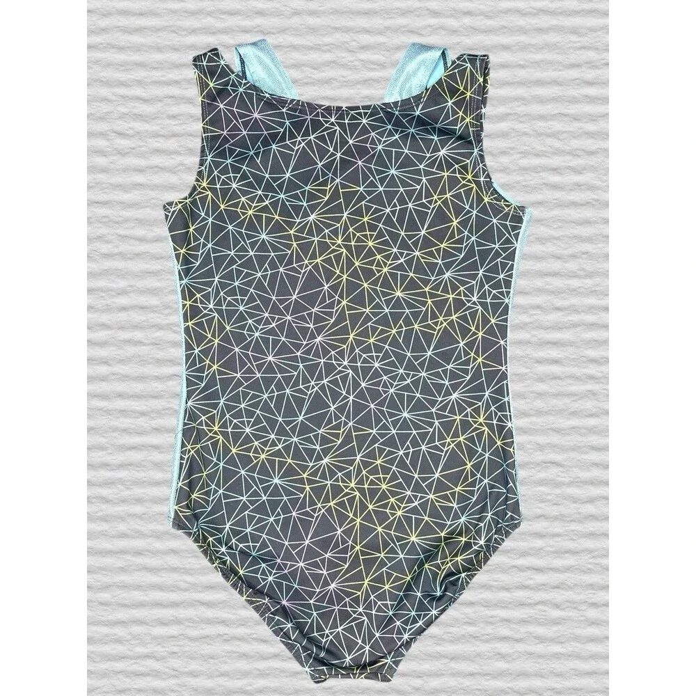 Justice Active Girls Leotard Size 14 Blue Gray Geometric Sparkly Double Strap